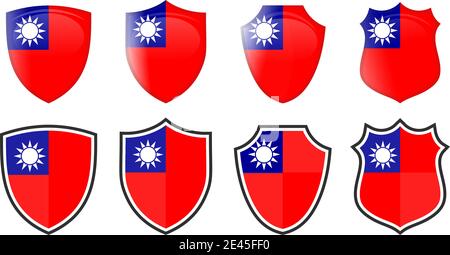 Vertikale Taiwan Flagge in Schildform, vier 3d und einfache Versionen. Taiwanesisches Symbol / Zeichen Stock Vektor