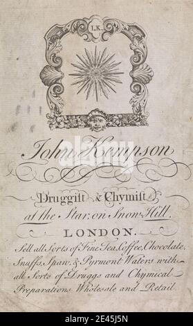 Unbekannter Künstler, 18. Jahrhundert, Handelskarte für John Kempson, Druggist und Chemiker von Snow Hill, London, ca. 1770. Stockfoto