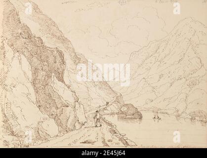 Capt. Thomas Hastings, 1778â € "1854, Briten, Augur's Lake, Gap of Dunloh, 6 September 1841, 1841. Graphit und Stift und braune Tinte auf Medium, leicht strukturiert, Creme Wove Papier. Boot, Rohr, Canyon, Klippe, Echo, See, Landschaft, Männer, Berge, Straße. Auger Lake, Gap of Dunloe, Irland, Killarney, Macgillycuddy's Reeks Stockfoto