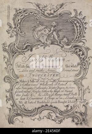 Unbekannter Künstler, achtzehnten Jahrhundert, Handelskarte für Joseph Watson ein Whitesmith und Ironmonger in Broad Street in Worcester, ca. 1770. Stockfoto