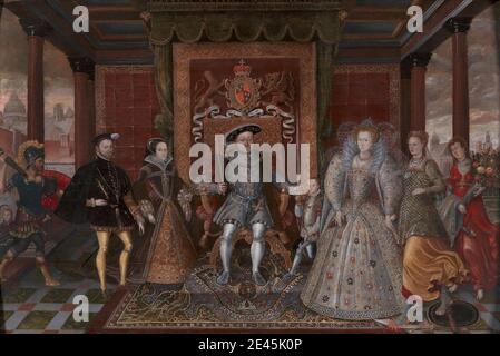 Unbekannter Künstler, sechzehnten Jahrhundert, eine Allegorie der Tudor-Nachfolge: Die Familie von Henry VIII, ca. 1590. Öl auf Tafel. Allegorie, Brokat, Kind, Stadtbild, Wappen, Kostüm, Familie, Obst, Gruppenportrait, Wachen (Sicherheit), historisches Thema, Narr, König (Person), Frieden, viel, Porträt, Königin (Person), Könige, Teppich, Thron, Tudor, Krieg. Somer [Sommers], William (d. 1559), Hofnarr Maria I. (1516–1558), Königin von England und Irland Edward VI. (1537–1553), König von England und Irland Elisabeth I. (1533–1603), Königin von England und Irland Mars Heinrich VIII. (1491–1547 Stockfoto