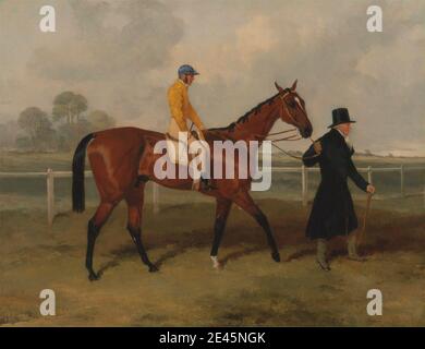 Harry Hall, 1838â € "1886, Briten, Sir Tatton Sykes führenden in der Pferd "sir Tatton Sykes" mit William Scott, 1846. Öl auf Leinwand. Pferd (Tier), Jockey, Rennbahn, Hut Stockfoto