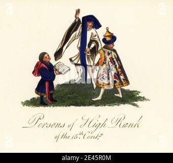 Personen von hohem Rang des 15. Jahrhunderts. Tanzender Adliger in Paltock mit zerlumpten Ärmeln und Adliger in fellgefüttertem gesticktem ärmellosen Mantel aus Jean Froissart's Chroniques, Royal 18 E ii. EINE Seite mit Buch aus dem Talbot Shrewsbury Book, f. 327r, Royal MS 15 E vi. Handkolorierter Stich von Joseph Strutt aus seiner vollständigen Ansicht des Kleides und der Gewohnheiten der Menschen von England, Henry Bohn, London, 1842. Stockfoto
