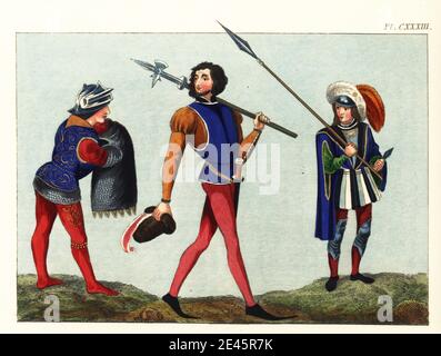 Militärische Gewohnheiten des 15. Jahrhunderts. Soldat im Helm, bestickter Tabard mit Kettenpost-Hauberk von Jehan de Wavrin, Anciennes et nouvelles chroniques d'Angleterre, Royal MS 14 E IV, Pikeman in Tabard und Schlauch aus der Romanze von Jean de Saintre, Cotton Nero MS D IX. Und Herold mit Lanze, Federkappe, Cuirass und Poleyn Knie Rüstung von Guillaume de Lorris und Jean de Meun Roman de la Rose, Harley MS 4425. Handkolorierter Stich von Joseph Strutt aus seiner vollständigen Ansicht des Kleides und der Gewohnheiten der Menschen von England, Henry Bohn, London, 1842. Stockfoto