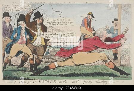 Isaac Cruikshank, 1756â € "1810, Briten, EIN Hinweis für eine Flucht auf der nächsten Frühjahrstagung, 1792. Radierung, handfarbig. Stockfoto