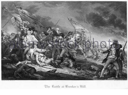 Die Schlacht von Bunker Hill wurde am 17. Juni 1775, während der Belagerung von Boston im amerikanischen Revolutionskrieg, dem Tod von General Joseph Warren, Vintage-Illustration von 1840 Stockfoto