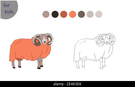 Bild für Kinder Bauernhof Tier RAM, Bild nach Farben ausmalen Stock Vektor