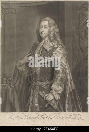 Druck von John Faber der Jüngere, ca. 1695â €"1756, Niederlandisch, aktiv in Großbritannien, seine Königliche Hoheit Frederick, Prinz von Wales, nach 1730. Mezzotint auf Medium, leicht strukturiert, cremefarbenes Papier. Rüstung, Umhang, Kette, Kostüm, Krabbe, Krone, Mine, Fell, Geste, Griff, Spitze, Livery Kragen, Mann, Pilaster, Porträt, Prinz, Relief, Robe, Royalty, Schwert, Quasten, Perücke. Frederick Lewis, Prinz von Wales (1707â € "1751) Stockfoto