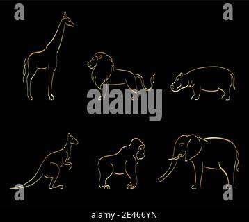 Goldener Umriss Set aus Känguru, Giraffe, Affe, Elefant, Löwe, Nilpferd Stock Vektor