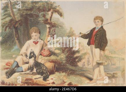 Druck von Bradshaw & Blacklock, aktiv ca. 1850, Britisch, The Farmer's Boy & The Rustic Angler, nach 1850. Aquatinta, Stippelgravur, Radierung und Farbholzschnitt auf Medium, glatt, cremefarbenen Wove Papier. Barfuß, Fass, Korb, Stiefel, Jungen, Jungen, Brücke (gebaut Arbeit), Kinder, Kragen, Hund (Tier), Fischer, Angeln, Angelrute, Genre Thema, Gras, Jacken, Fluss, Sack, Himmel, Stadt, Bäume, Westen Stockfoto