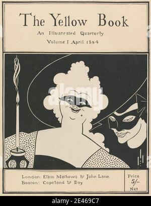 Druck von Aubrey Vincent Beardsley, 1872–1898, britisch, Cover von 'The Yellow Book: An Illustrated Quarterly', Band I, 1894. April 1894. Fotomechanische Reproduktion auf mittlerem, glattem, zeitgenössischem Hochglanzpapier, auf zeitgemäßem Montierung gelegt aus mittlerem, mäßig strukturiertem, cremefarbenem Papier. Kerze, Kerzenhalter, Deckel (gesammelte Materie Komponente), gepunkteter Druck, Flamme, historisches Thema, Illustration, Zeitschrift, Zeitschrift (Zeitschrift), Mann, Masken (Kostüm), Maulwurf (Gesichtsbemalung) , Porträt , lächelnd , das Gelbe Buch , Frau. Mathews, (Charles) Elkin (1851–1921), Verleger und Stockfoto