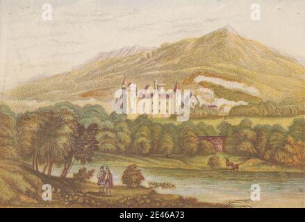 Druck von Bradshaw & Blacklock, aktiv ca. 1850, britisch, Balmoral Castle, nach 1850. Radierung, Stippelgravur und Farbholzschnitt auf mäßig dickem, glattem, cremefarbenem Wove-Papier. Architekturmotiv, Burg, Wolken, Kostüm, Hirsch, Wald, Gras, Hüte, Hügel, Kilts, Landschaft, Berge, Palast, Karos, Fluss, Tartan, Bäume. Aberdeenshire , Balmoral Castle , Schottland , Vereinigtes Königreich Stockfoto