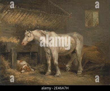 George Morland, 1763â € "1804, britische, Alte Pferde mit einem Hund in einem Stall, ca. 1791. Öl auf Tafel. Tiere, Scheune, Hund (Tier), Heu, Pferde (Tiere), Ställe Stockfoto