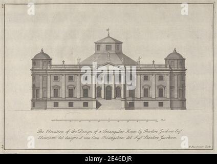 Paul Fourdrinier, Französisch, The Elevation of the Design of a Triangle House by Theodore Jacobsen Esqr, undated. Ätzung auf mäßig dickem, leicht strukturiertem, cremefarbenen Papier. Bögen, Architekturzeichnung, Architekturmotiv, Säulen, Kuppel, Design, Höhe (Zeichnung), Haus, Maße, Neoklassik, Giebel, Plan (Zeichnung), Reliefs, Maßstab (Regel), Statuen, Dreiecks-, Fenster Stockfoto