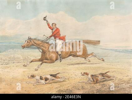 Henry Thomas Alken, 1785â € "1851, Briten, EIN Whipper-in und ein paar Hunde laufen hart in Open Country, undated. Graphit und Aquarell auf Medium, leicht strukturiert, Creme, Wove Papier. Hunde (Tiere), Zaun, Feld, Galoppieren, Hut, Pferd (Tier), Reiter, Reiten, Hunde (Hunde), Landschaft, Mann, Laufen, Sportkunst Stockfoto