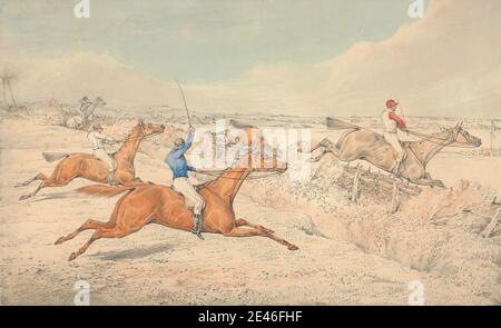 Henry Thomas Alken, 1785â € "1851, Briten, Steeplechasing: Vier Fahrer unter einem Graben und ein Oxer, undated. Aquarell, Stift und schwarze Tinte, Und Graphit auf Medium, leicht strukturiert, Creme, Wove Papier. Graben, fallen, Zaun, Felder, galoppieren, Hecke, Pferderennen, Reiter, Reiten, Pferde (Tiere), Jockeys, Springen, Landschaft, Männer, Rennen (Event), Sportkunst, Peitschen (Tierausrüstung) Stockfoto