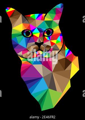 Mosaik von lustigen Katzenschnauze in hellen Farben isoliert auf dem schwarzen Hintergrund, Dekoration auf Glas für Kinder Stock Vektor