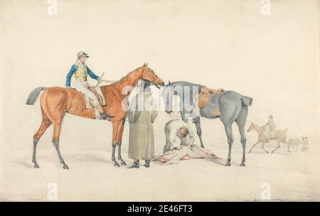 Samuel Alken, 1756â € "1815, britische, vor dem Start: Jockey auf Racehorse empfangen Triner's Instructions (einer von einem Paar), undated. Graphit und Aquarell auf Medium, leicht strukturiert, gebläute weiße, wove Papier. Pferderennen, Reiten, Pferde (Tiere), Anweisungen, Jockeys, Männer, Sportkunst Stockfoto