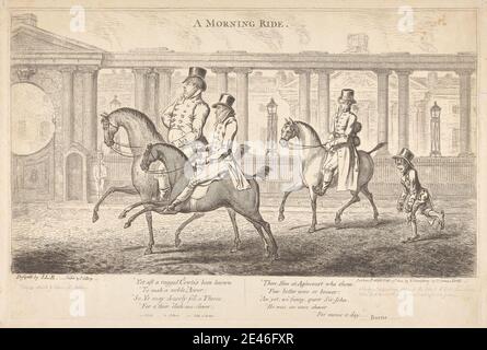 James Gillray, 1757â € "1815, Briten, EINE morgendliche Fahrt, 1804. Radierung auf mäßig dickem, leicht strukturiertem, beigefarbenem Wove-Papier. Bögen, Junge, Mäntel, Kopfsteinpflaster, Oberst, Säulen, Zäune, Genresubjekt, Bräutigam, Wache, Wachen, historisches Subjekt, Pferde (Tiere), Haus, Humor, König (Person), Lampenpfosten, Männer, Adel, Giebel, politische, Prinz, Zügel, Reiten, Laufen, Satire, Diener, Straße, Top-Hüte. George VI (1895-1952), König von England, gelang es auf die Abdankung von Edward VIII. Stockfoto