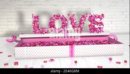 WORTLIEBE aus kleinen roten, rosa und weißen Herzen und Kugeln auf einer offenen Geschenkbox mit rosa Herzen auf einem reflektierenden weißen Holztisch ausgekleidet. 3D-Il Stockfoto