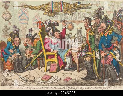 James Gillray, 1757â € "1815, britische, französische Generäle Ruhestand, auf Rechnung ihrer Gesundheit; - mit Lepaux Presiding in der Direktoriellen Dispensary, 1799. Radierung, handfarbig. Stockfoto