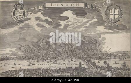 Druck von unbekannter Künstler, siebzehnten Jahrhundert, Allgemeine Ansicht von London während des großen Feuers von 1666, undatiert. Gravur. Great Fire of London, 1666 Stockfoto