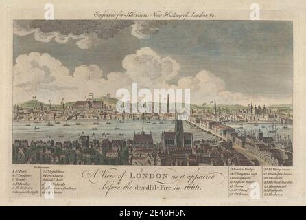 Unbekannter Künstler, siebzehnten Jahrhundert-achtzehnten Jahrhundert, EIN Blick auf London, wie es vor dem schrecklichen Feuer im Jahr 1666 erschien, undated. Handkolorierte Gravur. Stockfoto