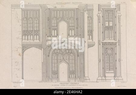 Druck gemacht von T. Clarke, 1799â€“ 1839, Platte XXII: Chantry Chapels, Abschnitt des Westeingangs und Erhöhung des Ostendes, St. Stephen's Chapel, 1835. Liniengravur Proof auf glattem, mäßig dickem, weißem Wove-Papier. Architektonisches Motiv, Kirche. City of Westminster , England , House of Commons , London , Palace of Westminster , St. Stephen's Chapel, Palace of Westminster , Vereinigtes Königreich Stockfoto