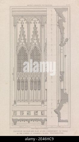 Print made by Robert William Billings, 1813â € "1874, britische, Platte XI: Höhe, Abschnitt und Plan, von einem Fach (von drei) des Bildschirms, St. Stephen's Chapel, Westminster, 1835. Liniengravur, Proof vor dem Aufdruck auf glatt, mittlere Dicke, weiß gewebt Papierstab Skala von 1/3 Zoll bis 1 Fuß. Architektonisches Thema, Kirche. City of Westminster , England , House of Commons , London , Palace of Westminster , St. Stephen's Chapel, Palace of Westminster , Vereinigtes Königreich Stockfoto