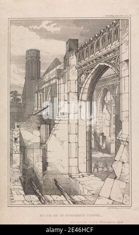 Print made by Robert William Billings, 1813â € "1874, britische, Ruinen der St. Stephen's Chapel, gesehen vom Dach der Westminster Hall, 1835. Liniengravur auf glattem, mäßig dickem, weißem Wove-Papier. Architektonisches Motiv, Kirche, Außenansicht, Ruinen. City of Westminster , England , House of Commons , London , Palace of Westminster , St. Stephen's Chapel, Palace of Westminster , Vereinigtes Königreich Stockfoto