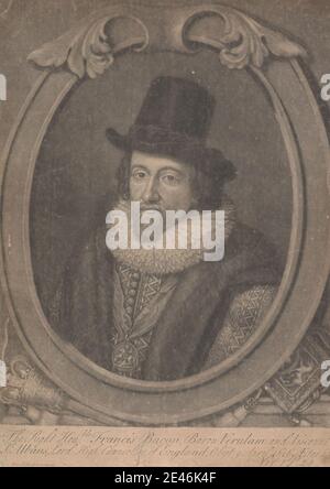 Unbekannter Künstler, Sir Francis Bacon, 1. Viscount St. Alban, undatiert. Mezzotinta auf Medium, leicht strukturiert, beige, gebeiges Papier. Stockfoto