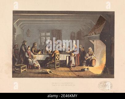 Druck von Benjamin Fawcett, 1808–1893, Britisch, Szenenillustration: Miltons 'L'Allegro', zwischen 1860 und 1885. Holzstich, gedruckt in Farbe mit zusätzlicher Handfärbung auf mäßig dicke, glatte, cremefarbene Karte. Korb, Hauben, Rohr, Kappen, Teppich, Katzen, Kinder, Uhr, Hütte, Diskussion, Essen, Abend, Familien, Väter, Feuer, Kamin, Sammlung, Genre Thema, Gestik, Hüte, Haus, Illustration, innen, Laterne, literarisches Thema, Mütter, Nacht, Eltern, Bauern, Gedicht, Poesie, sitzen, Stein, Hocker, reden. Milton, John (1608–1674), S. Stockfoto