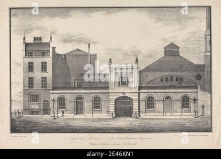 Druck gemacht von Thomas Faulkner, aktive 1825â € "1838, Haupteingang zu den Gas Works, Westminster, ca. 1830. Lithographie auf mäßig dickem, glattem, beigefarbenem Papier. Bögen, architektonisches Thema, Gebäude, Kamine, Kohle, Unternehmen, Türen, Energie, Fabrik, Zäune, Gas, Tore, Beleuchtung, Industrie, Lampen, Licht, Bürgersteige, Rauch, Dampf, Straße, Türme, Fenster. England , Europa , Vereinigtes Königreich , Westminster Stockfoto