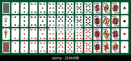 Poker-Set mit isolierten Karten auf grünem Hintergrund. Poker Spielkarten, volles Deck. Stock Vektor