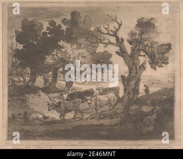 Druck gemacht von Thomas Gainsborough RA, 1727â € "1788, britische, bewaldete Landschaft mit Herdsman und Kühe, zwischen 1785 und 1788. Weiche Radierung mit Aquatinta, in grauer Tinte auf dickem, leicht strukturiertem, braunem Papier. Rinder, Laub, Genremotiv, Herde, Hirte, Hirte, Hügel, Landschaft, Licht, Mensch, Straße, Schatten, Hirte, Bäume, Wandern, Wälder Stockfoto