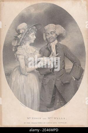 Druck gemacht von Hugh Downman, d. 1789, Mr. Edwin und Mrs. Wells in den Charakteren von Lingo und Cowslip, ca. 1787. Stippelgravur auf mäßig dickem, leicht strukturiertem, beigefarbenem Papier, aufgeklebt auf Montierung. Schauspieler, Schale (Gefäß), Kostüm, Cravat, Locken, Fichu, Volants, Rock, Gestik, Kleid, Hut, literarisches Thema, Mann, Musselin, Performance, Spiel, Band, Rüschen, die angenehme Überraschung, Stück von John O'Keeffe, 1781, Theater (Disziplin), Perücke, Frau. Cowslip (Charakter in der angenehmen Überraschung) Lingo (Charakter in der angenehmen Überraschung) Stockfoto