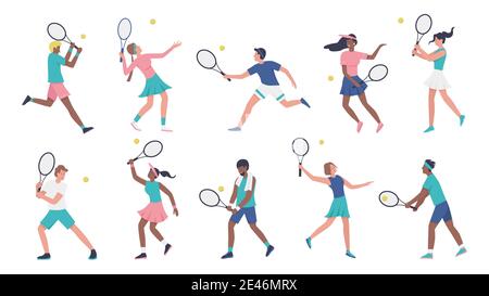 Workout spielen Tennis Vektor Illustration Set. Cartoon junge Frau Mann sportliche Charaktere in Sportsman Uniform spielen Tennis, Spieler halten Schläger und schlagen Ball Sammlung isoliert auf weiß Stock Vektor