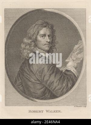 Druck von Thomas Chambars, ca. 1724–1789, britisch, Robert Walker, undatiert. Ätzung auf mäßig dickem, glattem, cremefarbenem Wove-Papier. Kragen, Blick, Gestik, Brief, langes Haar, Mann, Schnurrbart, Oval, Papier, Porträt, Posen, feierlich. Walker, Robert (1595x1610–1658), Porträtmaler Stockfoto