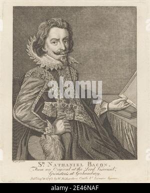 Druck von Thomas Chambars, ca. 1724–1789, Britischer Sir Nathaniel Bacon, 1793. Radierung und Stippstich auf mäßig dickem, glattem, cremefarbenem Wove-Papier. Bart, Buch, Mantel, Kragen, Kostüm, Stickerei, Feder, Brief, Mann, Schnurrbart, Porträt, Roben, Rüsche, Weste. Bacon, Sir Nathaniel (1585–1627), Maler Stockfoto