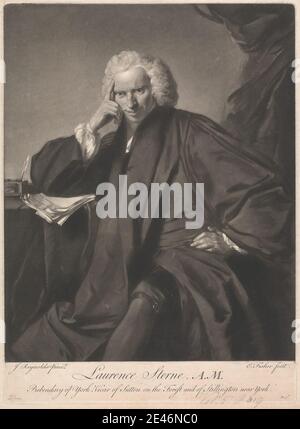 Edward Fisher, 1722–1785, britisch, Laurence Sterne, A.M, 1760. Mezzotint auf moderatley dickem, leicht strukturiertem, beigefarbenem Papier. Autor, Umhang, Locken, Schreibtisch, Draperie, Strumpfband, Blick, Gestik, Bein, Mantel, Papieren, Dichter, Porträt, Posen, Federbeine, Robe, sitzend, Ärmel, lächelnd, Sterne, Laurence (1713–1768), Schriftsteller und Kirche von England Geistlicher, Vikar, Perücke. Sterne, Laurence (1713–1768), Schriftsteller und Geistlicher der Church of England Stockfoto