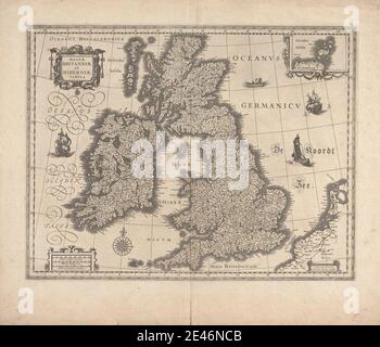 Druck von Willem Janszoon Blaeu, 1571 - 1638, Magnae Britanniae et Hiberniae Tabula, 1634. Strichgravur; rückseitig: Buchdruck auf Medium, leicht strukturiert, cremefarbenes Papier. Kartographisches Material, Karte. Großbritannien, Irland Stockfoto