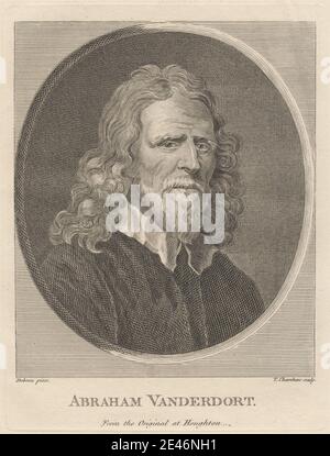 Druck von Thomas Chambars, ca. 1724–1789, britisch, Abraham Vanderdort, undatiert. Radierung auf mäßig dickem, glattem, beigefarbenem Papier. Bart, Mantel, Kragen, Blick, langes Haar, Mann, Schnurrbart, alt, oval, Porträt, feierlich. Doort, Abraham van der (1575x85–1640), Künstler und Kurator Stockfoto