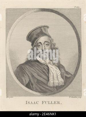 Druck von Thomas Chambars, ca. 1724–1789, britisch, Isaac Fuller, undatiert. Radierung auf mäßig dickem, glattem, beigefarbenem Webpapier. Bart, Umhang, Locken, Pelzhut, Blick, Hut, Mann, Schnurrbart, Oval, Porträt, Posen, Schal. Fuller, Isaac (1606/1620?–1672), Porträt- und Geschichtsmaler Stockfoto