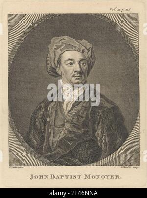 Druck von Thomas Chambars, ca. 1724–1789, britisch, John Baptiste Monnoyer, undatiert. Radierung auf mäßig dickem, glattem, beigefarbenem Papier. Bluse, Knöpfe, Mantel, Blick, Mann, Nase, Oval, Porträt, Pose, Turban, Weste. Monnoyer, Jean-Baptiste (bap. 1636, d. 1699), Maler Stockfoto