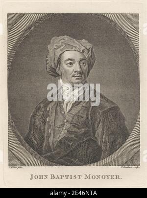 Druck von Thomas Chambars, ca. 1724–1789, britisch, John Baptiste Monnoyer, undatiert. Radierung auf mäßig dickem, glattem, beigefarbenem Webepapier. Bluse, Knöpfe, Mantel, Blick, Mann, Nase, Oval, Porträt, Pose, Turban, Weste. Monnoyer, Jean-Baptiste (bap. 1636, d. 1699), Maler Stockfoto