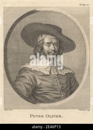 Druck von Thomas Chambars, ca. 1724–1789, Brite, Peter Oliver, undatiert. Ätzung auf mäßig dickem, leicht strukturiertem, cremefarbenen Papier. Künstler, Bart, Knöpfe, Mantel, Kragen, Hut, Spitze, Mann, Schnurrbart, oval, Maler, Porträt, Pose. Oliver, Peter (1589–1647), Miniaturmaler Stockfoto