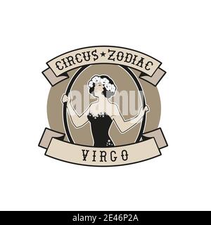 Sternzeichen Zirkus Emblem. Virgo-Zeichen. Junge Trapez Künstler Mädchen hält einen Reifen Stock Vektor