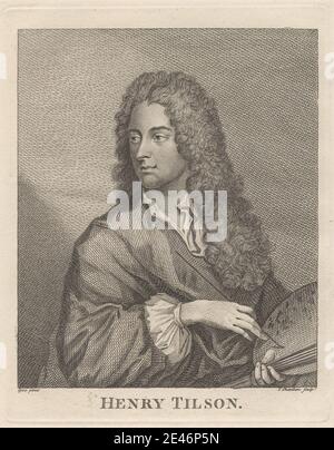 Druck von Thomas Chambars, ca. 1724–1789, Brite, Henry Tilson, undatiert. Radierung auf mäßig dickem, glattem, beigefarbenem Wove-Papier. Künstler, Kragen, Locken, Blick, Gestik, langes Haar, Mann, Pinsel, Maler, Palette, Porträt, Posen. Tilson, Henry (1659–1695), Porträtmaler Stockfoto