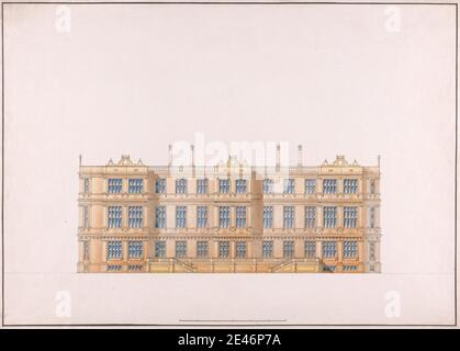 Studio of Sir Jeffry Wyatville, 1766–1840, British, Longleat, Somerset: Elevation, ca. 1810. Graphit, Feder und schwarze Tinte, Aquarell auf leicht strukturiertem, mittlerem, cremefarbenem Papier. Architektonisches Motiv Stockfoto