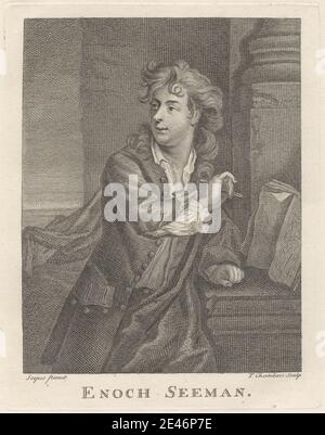 Druck von Thomas Chambars, ca. 1724–1789, britisch, Enoch Seeman, undatiert. Radierung auf mäßig dickem, glattem, beigefarbenem Wove-Papier. Künstler, Buch, Knöpfe, Mantel, Spalten, Locken, Figur, Blick, Geste, Gestik, Mann, Maler, Papier, Stift, Porträt, Posen, Hemd. Seeman, Enoch (1689/90–1744), Porträtmaler Stockfoto